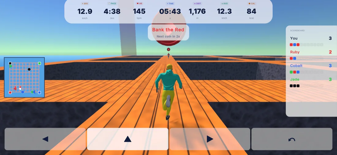 TreadGame gameplay — Bank the Red, with live speed, pace and heart rate across the top